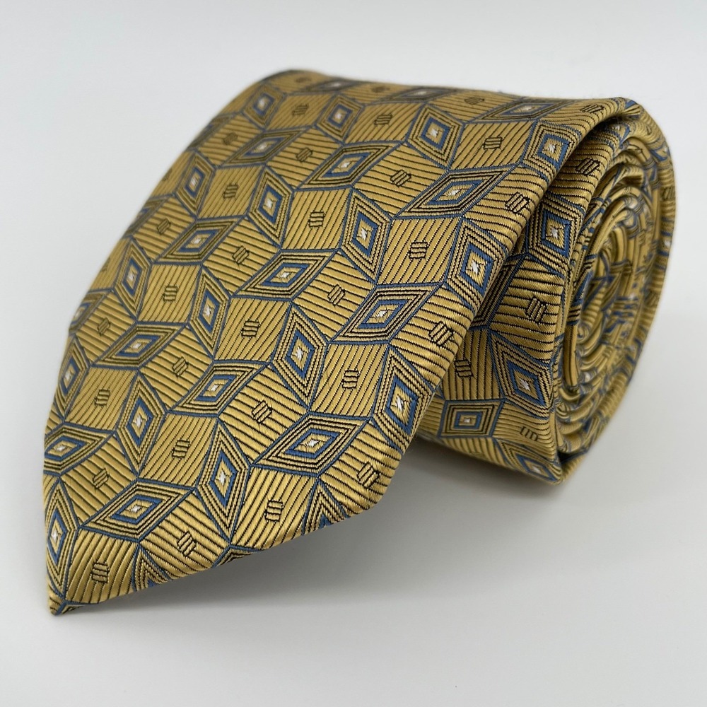 Jos. A. Bank Men's XL Silk Tie Gold Blue Geometric Diamond Pattern Handsewn